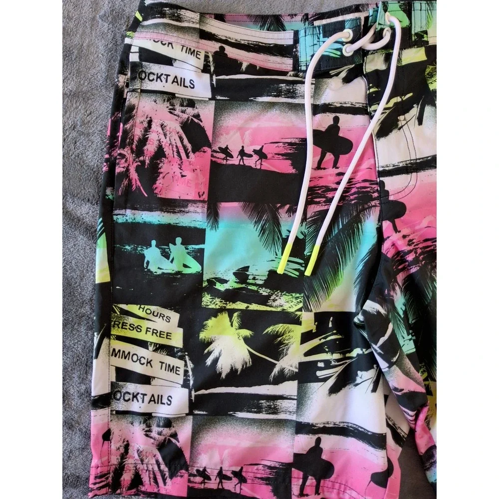 American Eagle Mens Neon Tropical Palm Tree Surfer Board Shorts‎ Swim Trunks L